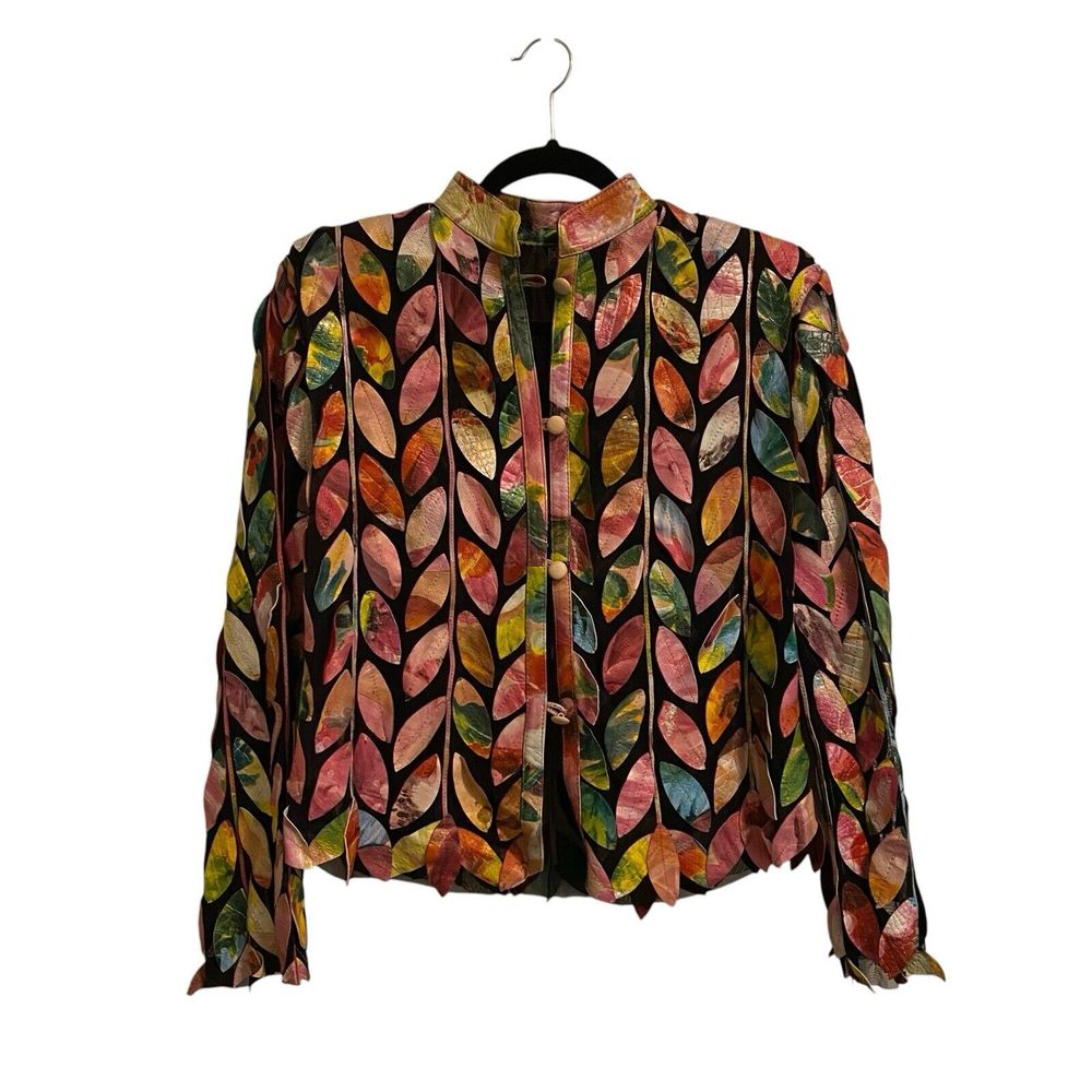 Rainbow Pink Leather Leaf Cut Out Mesh Jacket Sz 36 Whimsical Artsy Fairycore